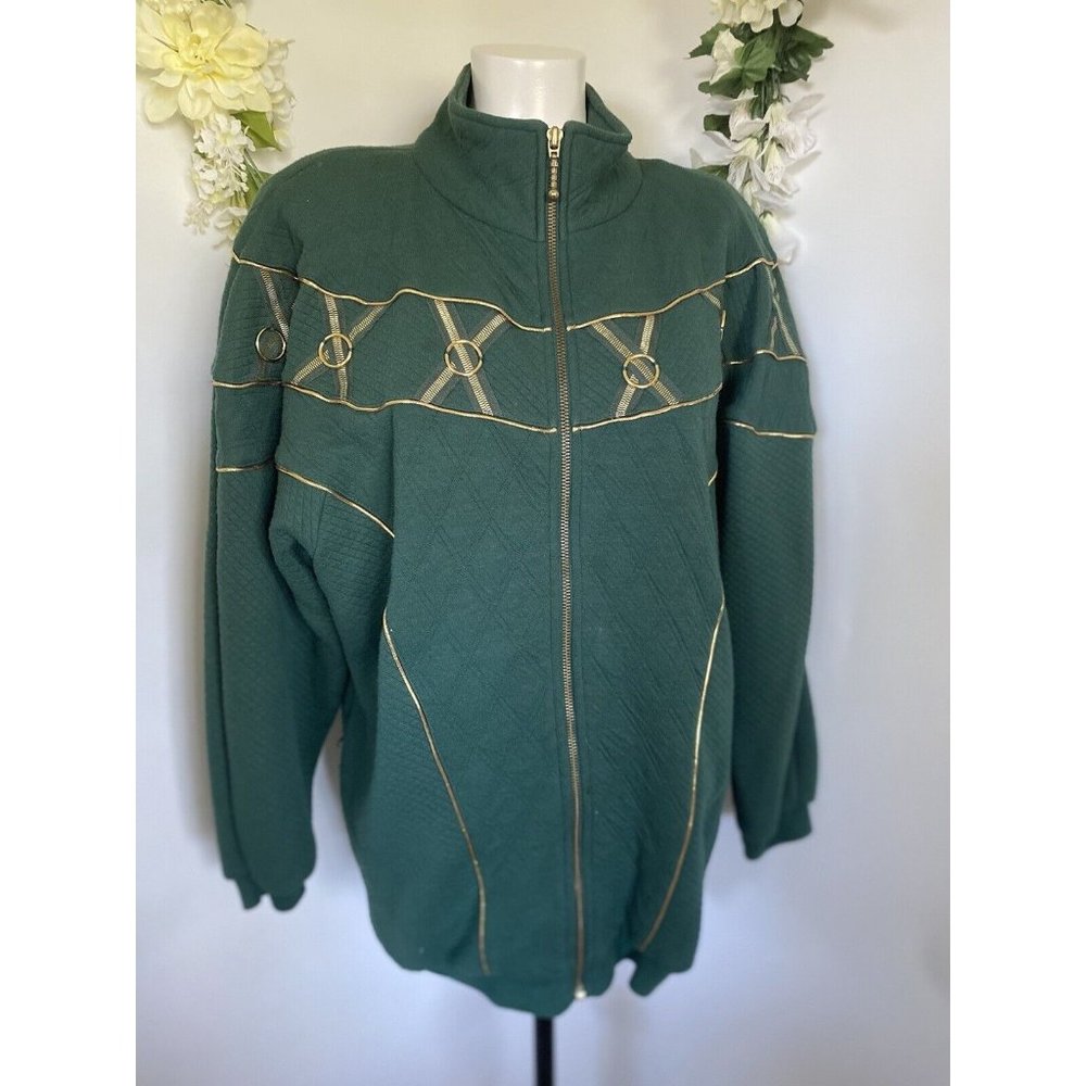 Vintage 80s Donna Toran Embroidered Sweater Womens Small Green Shoulder Pads EUC
